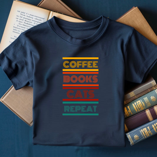 Retro Coffee Books Cats Repeat, Premium Unisex Crewneck T-shirt