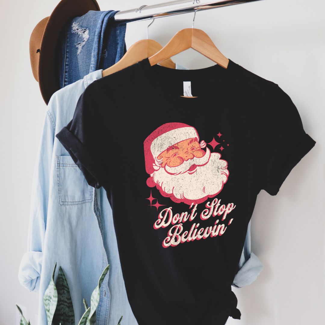 Don't Stop Believing Santa Christmas Tshirt, Funny Santa Shirt, Soft Cotton Unisex Crewneck T-Shirt