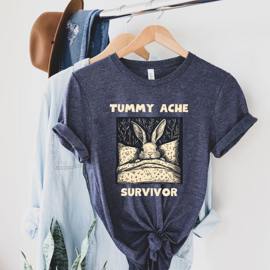 Tummy Ache Survivor Cute Bunny Graphic Tshirt, Funny Saying Shirt, Soft Cotton Unisex Crewneck T-Shirt