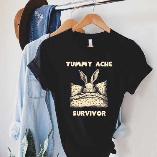 Tummy Ache Survivor Cute Bunny Graphic, Soft Cotton Unisex Crewneck T-Shirt